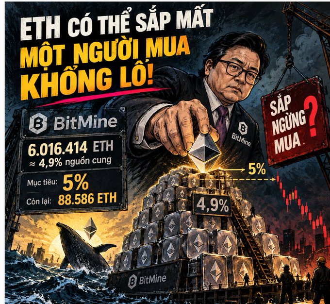 A Vietnamese-language infographic with the headline 'ETH CÓ THỂ SẮP MẤT MỘT NGƯỜI MUA KHỔNG LỒ!' showing a man in a suit reaching for ETH coins, with statistics from 'BitMine' indicating '6.016.414 ETH ≈ 4,9% nguồn cung' and a target of '5%', alongside a question 'SẤP NGƯNG MUA?'.