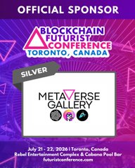 An event promotional graphic for the Blockchain Futurist Conference in Toronto, Canada (July 31-22, 2024), highlighting MetaVerse Gallery as an official sponsor.