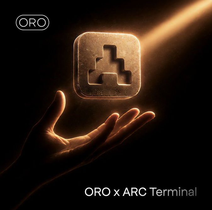 A stylized promotional image for 'ORO x ARC Terminal' featuring a hand reaching up toward a glowing bronze/gold cube with an arcade-style cross symbol being illuminated by a light beam against a dark background.