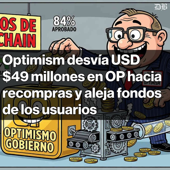 A cartoon illustration of a smiling man in a pinstripe suit feeding gold coins into a machine labeled 'OPTIMISMO GOBIERNO,' with Spanish text reading 'Optimism desvía USD $49 millones en OP hacia recompras y aleja fondos de los usuarios.'