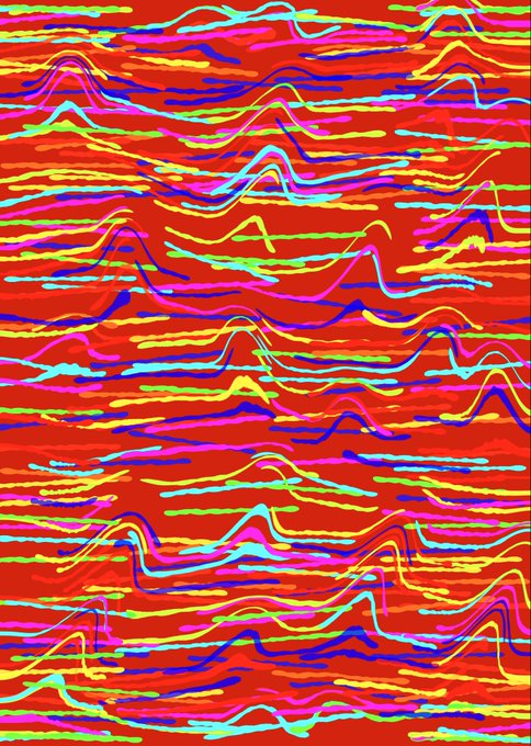 Abstract digital artwork featuring horizontal wavy lines in vibrant colors like pink, blue, yellow, and orange set against a bright red-orange background.