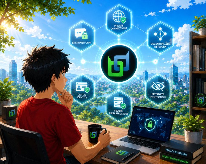 An anime-style illustration of a person at a desk with a laptop, surrounded by floating hexagons featuring "PRIVATE CONNECTIONS," "ENCRYPTED CHAT," "DECENTRALIZED NETWORK," "DIGITAL IDENTITY," "METADATA PROTECTION," and "SECURE INFRASTRUCTURE."