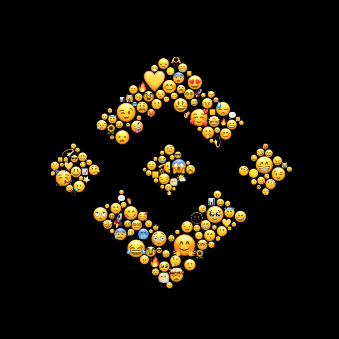 A collection of yellow emoji faces is arranged to form a globe-like shape against a black background, visually reinforcing the post's idea that emojis could serve as a universal language transcending borders. The heart, smiley, and various expression emojis cluster together to create the continents, symbolizing global unity through shared emotion.