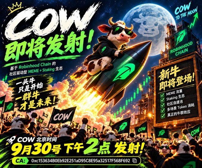 Vibrant promotional graphic for 'COW' token featuring an anthropomorphic cow on a rocket heading 'TO THE MOON', advertising a launch on Robinhood Chain on September 30 at 2 PM Beijing time, with contract address 0xc153634B0Eb92E251aD95C8E95a32517F568F692.
