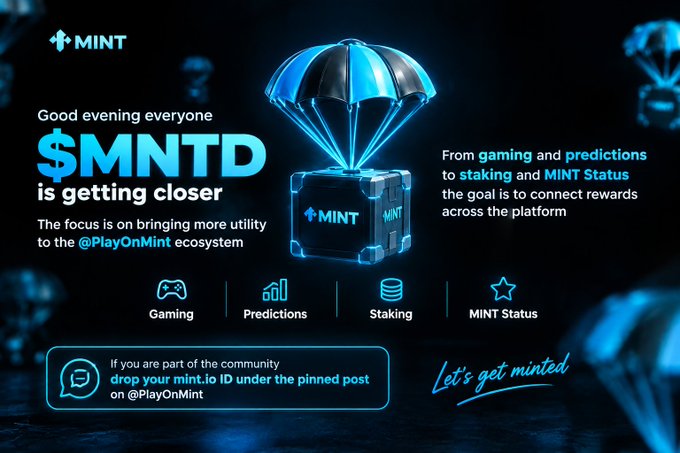 A promotional graphic for the MINT cryptocurrency ecosystem, featuring a 3D airdropped treasure chest and announcing that '$MNTD is getting closer,' with icons for Gaming, Predictions, Staking, and MINT Status.