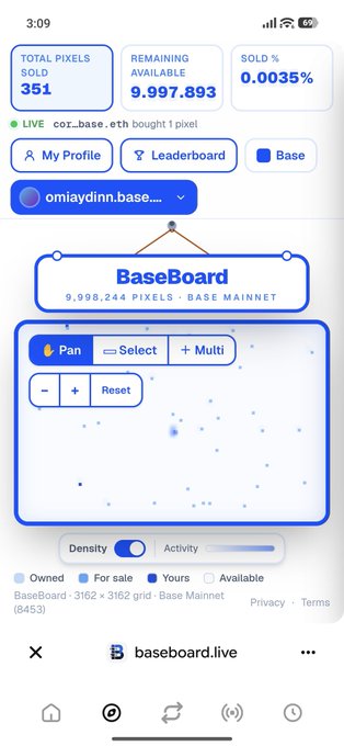 A BaseBoard digital pixel ownership dashboard showing 351 total pixels sold, 9,997,893 remaining available, and a sold percentage of 0.0035%, with a "9,998,244 PIXELS · BASE MAINNET" map display and a live notification that "cor_base.eth bought 1 pixel," supporting the post's push toward its 1,000-pixel community goal at baseboard.live.