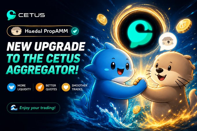 A promotional graphic for Cetus featuring 'Haedal PropAMM' upgrade to the Cetus Aggregator, illustrated with cartoon dolphins and an otter, highlighting 'More Liquidity', 'Better Quotes', and 'Smoother Trades'.
