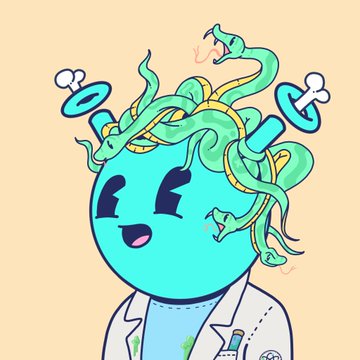A cheerful cartoon Medusa character with green snakes for hair, wearing a lab coat and weighing scales, fits the post's mention of a "Medusa for the Museum." The playful, anthropomorphic design complements the acquisition of a Medusa NFT on WETH for .95.