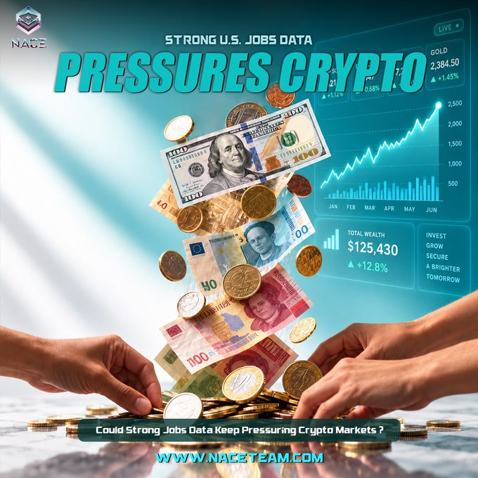 The image features a financial-themed graphic with the headline "STRONG U.S. JOBS DATA PRESSURES CRYPTO," showcasing hands exchanging coins alongside U.S. dollar bills, a euro banknote, and Chinese yuan, set against a backdrop of rising market charts displaying "GOLD 2,384.50 +1.45%," "TOTAL WEALTH $125,430 +12.8%," and a trend line spanning January through June, with the caption "Could Strong Jobs Data Keep Pressuring Crypto Markets?" and the website "www.naceteam.com," visually reinforcing the post's message that robust employment figures are driving rate hike expectations and weighing on cryptocurrency and other risk assets.