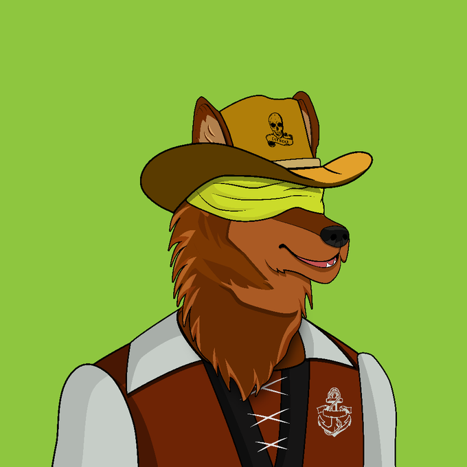 A cartoon illustration of an anthropomorphic brown wolf or dog wearing a yellow blindfold, a cowboy hat with a skull emblem, and a brown vest with an anchor logo.