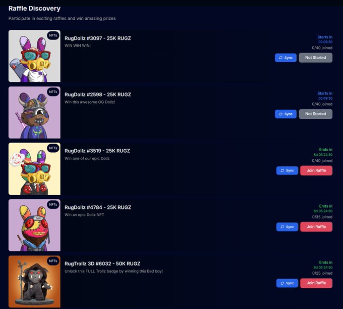 A dark-themed “Raffle Discovery” screen on DollzWorld lists five NFT raffles, including four “RugDollz” prizes ranging from #3097 to #4784 (25K RUGZ each) and “RugTrollz 3D #6032” (50K RUGZ). Buttons show statuses such as “Sync,” “Not Started,” and “Join Raffle,” with several raffles ending in “8d 05:28:50,” matching the post’s announcement of five new $RUGZ raffles for new Dollz NFTs.