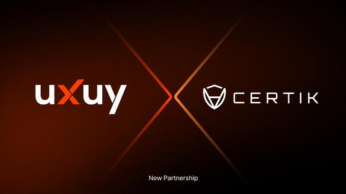 A dark orange-toned promotional graphic announcing a new partnership between UXUY and CertiK, featuring both logos facing each other separated by a glowing "X" design, with the text "New Partnership" displayed at the bottom. The image visually reinforces the post's announcement of UXUY teaming up with CertiK, the Web3 security firm, to enhance smart contract security.