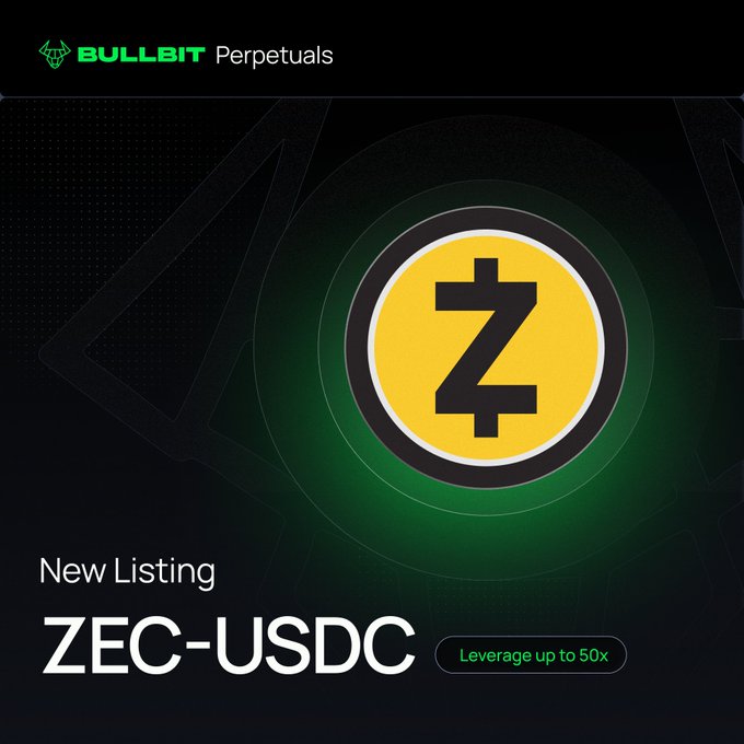 Bullbit Perpetuals announcement of a new listing for ZEC-USDC trading pair with leverage up to 50x.