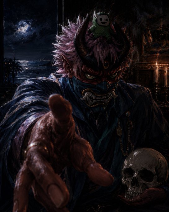 A dark, detailed illustration of a demonic oni character with horns, a mask, and pink hair, reaching toward the viewer with a skull in the other hand, set in a dimly lit interior.