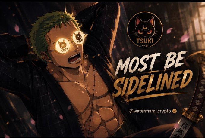 An anime character with glowing "TSUKI"-branded glasses screams in shock against a backdrop of "MOST BE SIDELINED" text and the $TSUKI cat logo, promoting the meme coin as a project backed by Roaring Kitty and Elon Musk. The @watermam_crypto handle and the dramatic visual serve to hype $TSUKI as a potential rival to $PEPE.