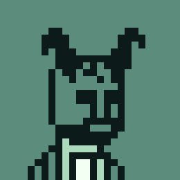 A pixel art character resembling Undertale's Temmie with cat-like ears and a smiling expression, rendered in black on a teal background.
