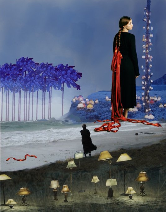 The image features a woman standing alone on a beach, wearing a long red dress with a large red ribbon tied around her waist. The photo has been edited to include elements of surrealism, giving it an otherworldly feel. In addition to the woman in the foreground, there are several lamps scattered throughout the scene, adding depth and complexity to the image. The post also includes text that reads "Gm Red Remembers I never said what the ribbon meant 0.02".