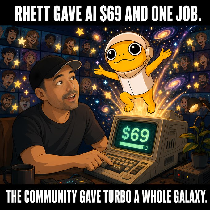 The image shows a cartoon man in a black cap sitting at a vintage computer displaying "$69," with a yellow frog-like alien character named "TURBO" wearing a space helmet emerging from the screen amid a cosmic galaxy background filled with starry portraits of community members. The text reads "RHETT GAVE AI $69 AND ONE JOB" at the top and "THE COMMUNITY GAVE TURBO A WHOLE GALAXY" at the bottom, visually illustrating how a single $69 prompt sparked a worldwide creative movement that transformed the small experiment into an expansive community-driven story.