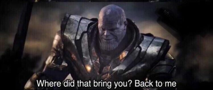 Thanos from Avengers: 0 War says "Where did that bring you? Back to me" while looking menacing in his armor. The image serves as a meme paralleling the post's message—that Hayden Adams initially fired a developer for launching a low-quality token, only for Uniswap to ultimately embrace that same memecoin culture years later, bringing them "back" to it.