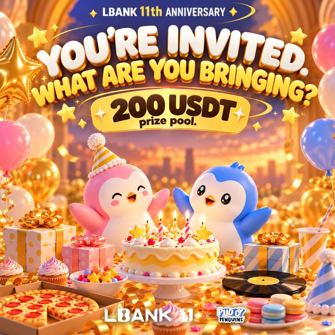 A festive LBank 11th Anniversary celebration features a pink and blue penguin mascot in party hats beside a lit birthday cake, with bold text reading "You're Invited! What Are You Bringing?" and highlighting a 200 USDT prize pool.