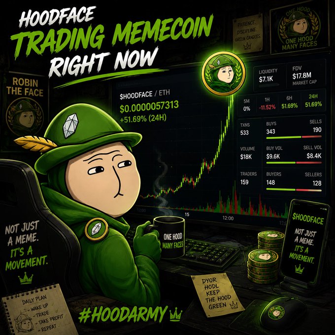 A meme-style promotional image for the $HOODFACE memecoin featuring a cartoon character in green, displaying trading stats like $HOODFACE/ETH at $0.000057313 (+51.69% 24H), with slogans including "ONE HOOD MANY FACES," "NOT JUST A MEME. IT'S A MOVEMENT," and #HOODARMY.