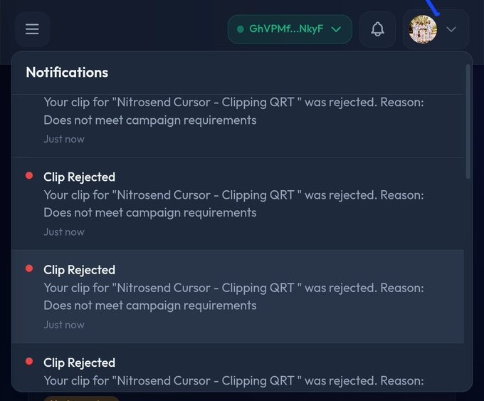 A notifications panel displays multiple "Clip Rejected" alerts for "Nitrosend Cursor - Clipping QRT" submissions, all citing the reason "Does not meet campaign requirements" and timestamped "Just now," supporting the user's complaint about multiple post rejections from the Clipur platform.
