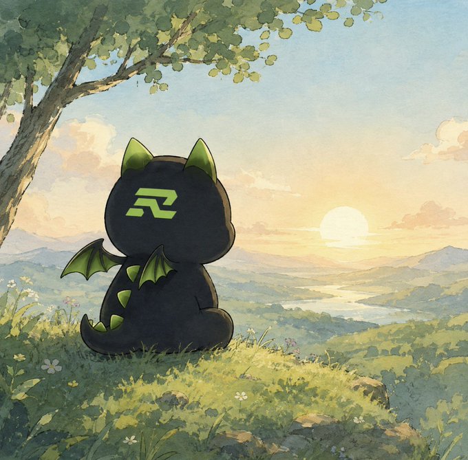 A watercolor-style illustration of a small black dragon with green accents and an 'R' logo on its back, sitting in a meadow watching the sunset.
