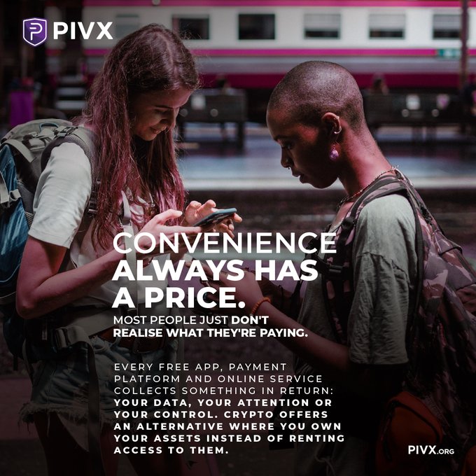 A PIVX.org advertisement featuring two young travelers looking at a phone at a train station, with text 'CONVENIENCE ALWAYS HAS A PRICE. MOST PEOPLE JUST DON'T REALISE WHAT THEY'RE PAYING.'