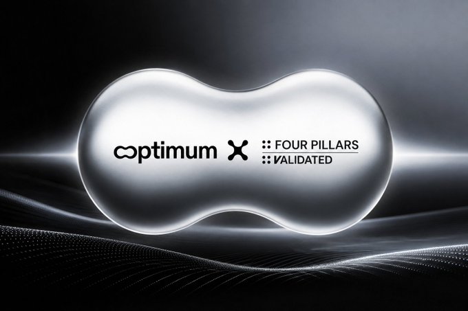 A sleek, futuristic silver pill-shaped device or badge featuring the 'optimum' logo with the text 'FOUR PILLARS VALIDATED' against a dark background with wave patterns.