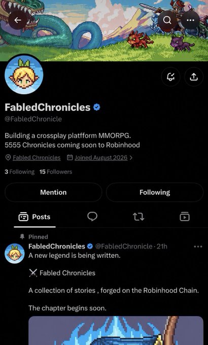 A screenshot of the verified Twitter/X profile for @FabledChronicle (FabledChronicles), showing a pixel art avatar, the bio "Building a crossplay platform MMORPG. 5555 Chronicles coming soon to Robinhood," and a pinned tweet announcing "A new legend is being written." The profile shows only 15 followers in the image, which contrasts with the post claiming rapid growth to 3.1k followers since following yesterday.