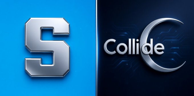 Two side-by-side logos: a metallic 'S' on a blue background and 'Collide' with a crescent moon design on a dark background.