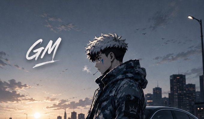 An anime-style illustration of a white-haired character smoking a cigarette against a sunset cityscape, with the text 'GM' overlaid on the left.