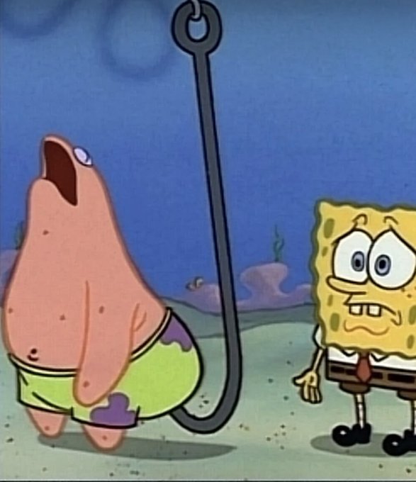 Patrick Star stares up in shock at a giant fishing hook hanging from above, while SpongeBob looks on nervously with a worried expression, in a scene from SpongeBob SquarePants that humorously illustrates the post's warning about a "v4 hook launchpad" — suggesting investors are about to get hooked/reeled in by a new version 4 launchpad platform.