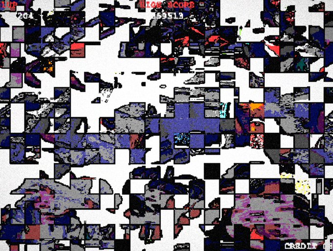 A glitchy, fragmented abstract image with red '107' and '$10K SCORE 169519' text in the corners, along with 'CREDIT' in the bottom right.