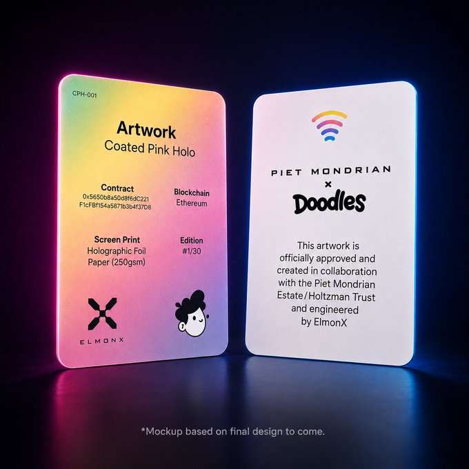 This image displays two NFC-enabled cards for a collaboration between Piet Mondrian and Doodles, with one card detailing the artwork's contract address and edition #1/30 on the Ethereum blockchain. The cards confirm the artwork is approved and engineered by ElmonX, aligning with the accompanying post about physical artworks with digital counterparts.