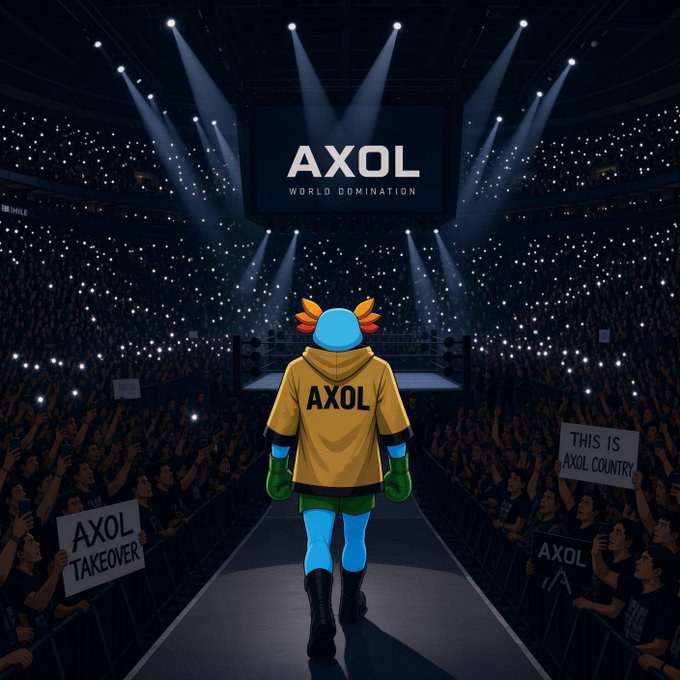 A digital illustration of an axolotl character wearing a yellow 'AXOL' hoodie and boxing gloves, walking down a ramp into a wrestling arena with signs reading 'AXOL TAKEOVER' and 'THIS IS AXOL COUNTRY' under a screen displaying 'AXOL WORLD DOMINATION'.