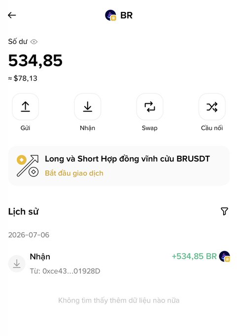 A crypto wallet screen showing a BR token balance of 534.85 (≈ $78.13) with a transaction history showing a received transfer of 534.85 BR on 2026-07-06.