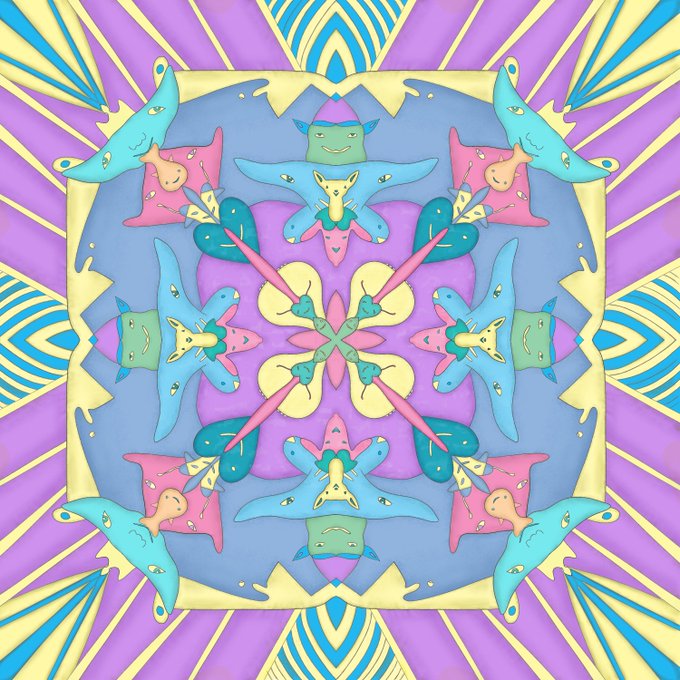 A symmetrical kaleidoscopic image features pastel blue, pink, and yellow cartoon faces with animal-like features arranged in a mandala pattern.