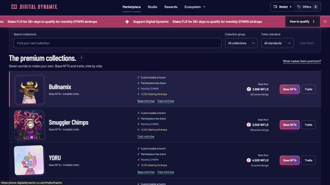 A Digitalynamx marketplace page displays premium NFT collections including Bullnamix, Smuggler Chimps, and YORU, with mint prices and trait links.