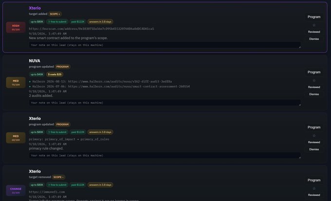 A dark-themed dashboard displaying various security program updates including Xterio, NUVA, and privacy-related audits with severity levels and dates.