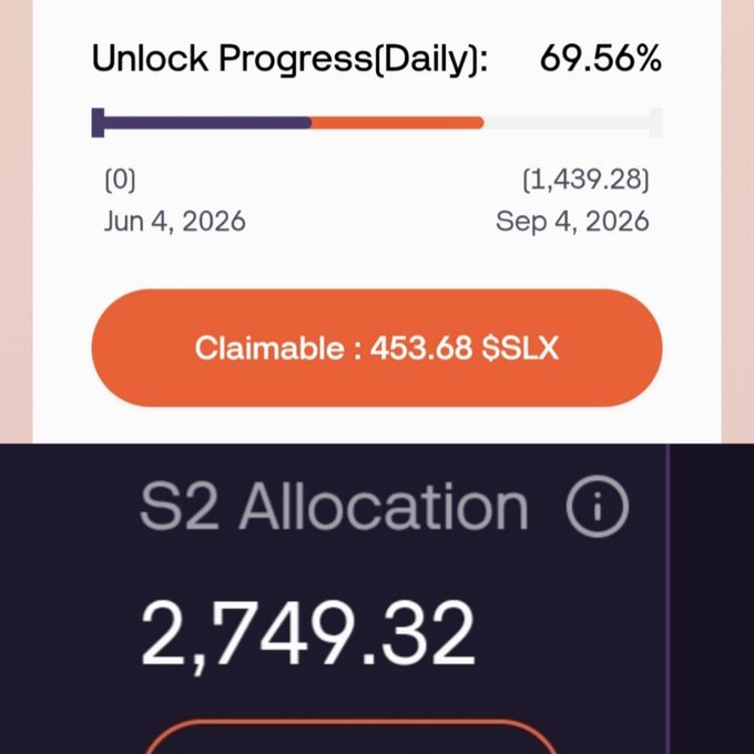 Screenshot showing Solstice.fi airdrop dashboard with 69.56% unlock progress toward 1,439.28 tokens by Sep 4, 2026, displaying 453.68 $SLX claimable and a Season 2 allocation of 2,749.32.