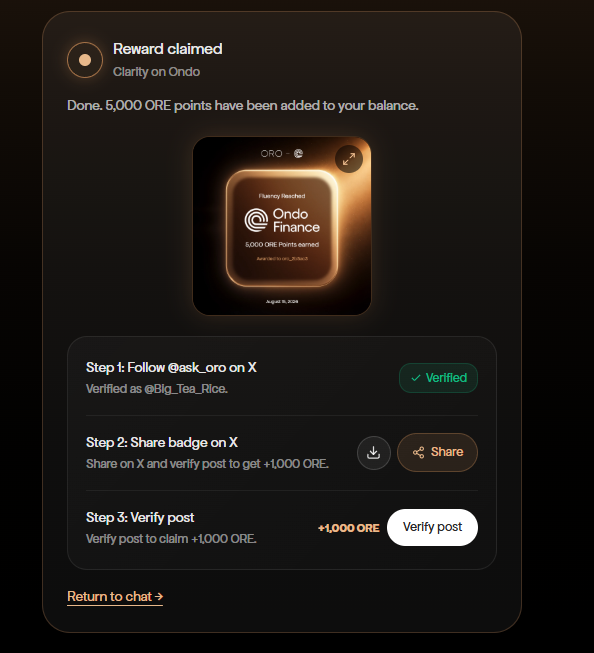A screenshot of a reward claim interface showing "5,000 ORE Points earned" for Ondo Finance, with steps to follow @ask_oro on X and share a badge on X to earn additional ORE.