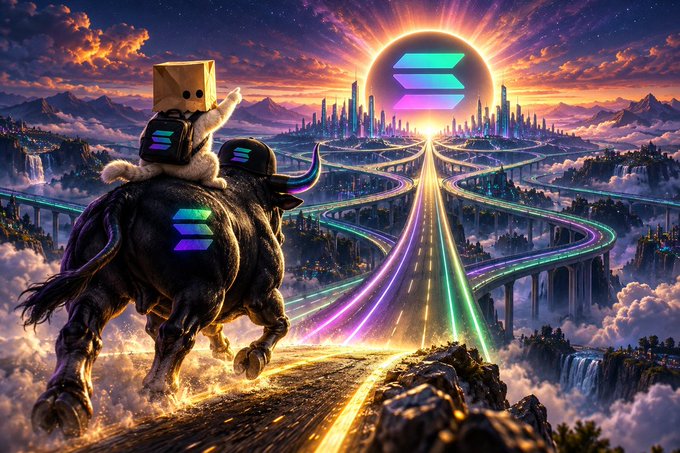 A figure wearing a Solana-branded backpack rides a powerful bull toward a glowing $SOL logo rising over a futuristic city, symbolizing the bullish momentum of Solana, $CURB, and $ZCAT. The radiant neon pathways converging toward the emblem visually represent the post's message that "all roads lead to Solana."