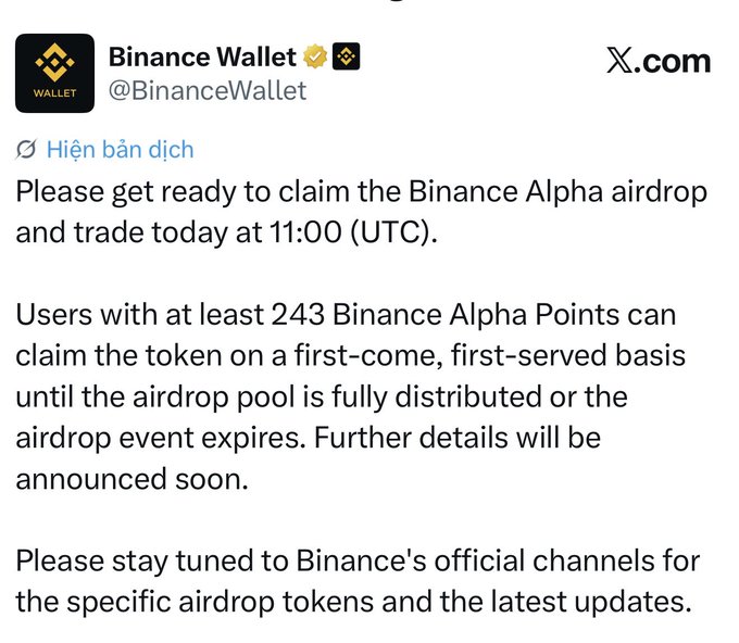 A tweet from the verified Binance Wallet account (@BinanceWallet) announcing a Binance Alpha airdrop claimable at 11:00 UTC for users with at least 243 Binance Alpha Points.