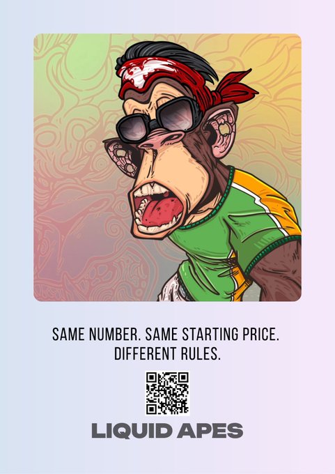 A cartoon ape wearing sunglasses and a red bandana appears above the text "SAME NUMBER. SAME STARTING PRICE. DIFFERENT RULES." and "LIQUID APES," with a QR code linking to the project. The image promotes a new NFT collection referencing the original Bored Ape Yacht Club's 10,000 supply and 0.08 ETH mint price, signaling a familiar launch structure with new mechanics for "Liquid Apes."