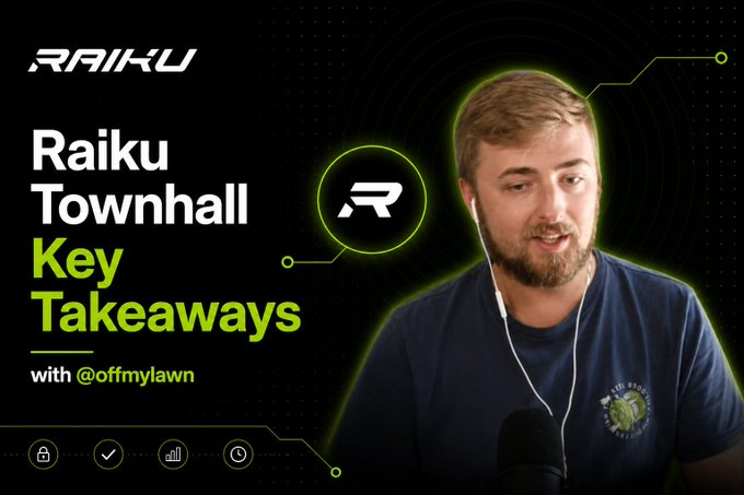 The image shows a thumbnail for a "Raiku Townhall Key Takeaways" video hosted by @offmylawn, featuring a young man with a beard wearing earbuds speaking into a microphone against a dark background with neon green circuit-style graphics. The Raiku branding and the host's relaxed, informative presentation style suggest the video delivers a recap of the latest crypto/blockchain news, likely covering major developments like the headline-grabbing news of Charles Schwab's 40 million brokerage accounts gaining access to Solana (SOL).