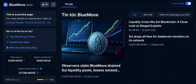 A BlueMove (MOVE) crypto news page in Vietnamese showing listings criteria and news articles including 'Liquidity Crisis Hits Sui Blockchain: A Close Look at Alleged Exploits' and 'Observers claim BlueMove drained Sui liquidity pools, losses exceed...' with a Sui coin graphic.