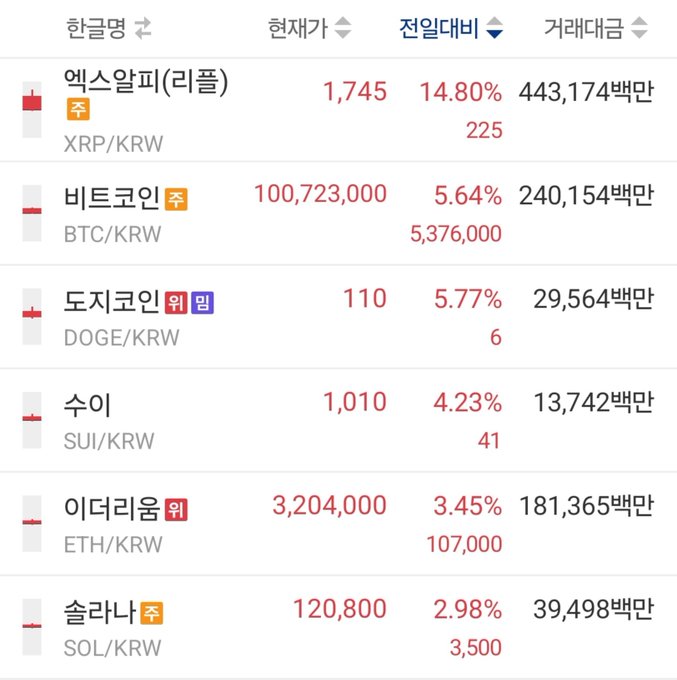 Cryptocurrency market data showing prices in Korean Won (KRW) with significant drops: XRP (1,745 KRW, 14.80%), BTC (100,723,000 KRW, 5.64%), DOGE (110, 5.77%), SUI (1,010, 4.23%), ETH (3,204,000, 3.45%), and SOL (120,800, 2.98%).