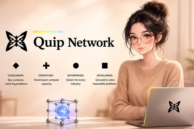 A Quip Network promotional image showing a woman with glasses at a laptop, with the butterfly logo and four categories: Consumers, Operators, Enterprises, and Developers.