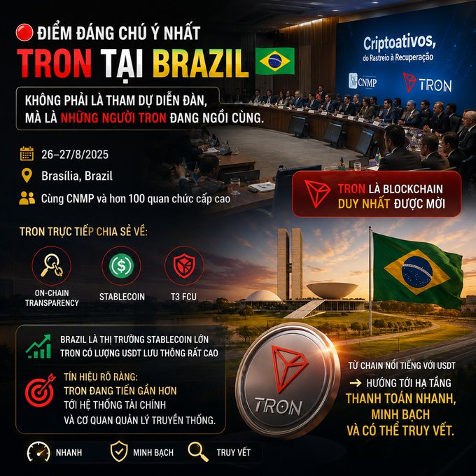 A Vietnamese-language promotional graphic for the TRON blockchain cryptocurrency, advertising an event in Brazil on 26-27/8/2025 in Brasília with CNMP, highlighting features like on-chain transparency, stablecoin, and T3 FCU.